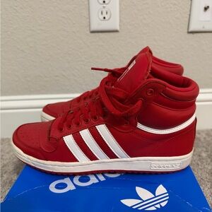 adidas Red Top Ten High-Top Sneakers with White Stripes and Sole